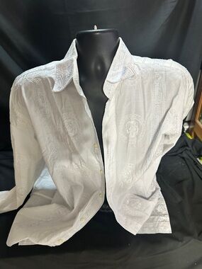 Classic White Embossed Men's Button-Up Shirt-Blue fox denim size L-#565